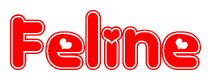 The image is a red and white graphic with the word Feline written in a decorative script. Each letter in  is contained within its own outlined bubble-like shape. Inside each letter, there is a white heart symbol.