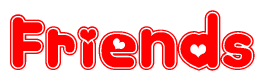 The image is a red and white graphic with the word Friends written in a decorative script. Each letter in  is contained within its own outlined bubble-like shape. Inside each letter, there is a white heart symbol.