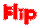 The image is a red and white graphic with the word Flip written in a decorative script. Each letter in  is contained within its own outlined bubble-like shape. Inside each letter, there is a white heart symbol.