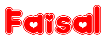 The image is a clipart featuring the word Faisal written in a stylized font with a heart shape replacing inserted into the center of each letter. The color scheme of the text and hearts is red with a light outline.
