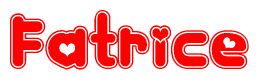 The image is a red and white graphic with the word Fatrice written in a decorative script. Each letter in  is contained within its own outlined bubble-like shape. Inside each letter, there is a white heart symbol.