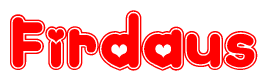 The image is a clipart featuring the word Firdaus written in a stylized font with a heart shape replacing inserted into the center of each letter. The color scheme of the text and hearts is red with a light outline.