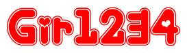 The image is a clipart featuring the word Gir1234 written in a stylized font with a heart shape replacing inserted into the center of each letter. The color scheme of the text and hearts is red with a light outline.