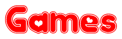 The image is a red and white graphic with the word Games written in a decorative script. Each letter in  is contained within its own outlined bubble-like shape. Inside each letter, there is a white heart symbol.