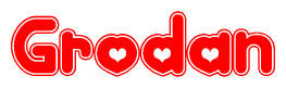 The image is a clipart featuring the word Grodan written in a stylized font with a heart shape replacing inserted into the center of each letter. The color scheme of the text and hearts is red with a light outline.