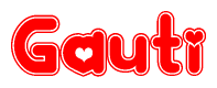 The image is a clipart featuring the word Gauti written in a stylized font with a heart shape replacing inserted into the center of each letter. The color scheme of the text and hearts is red with a light outline.