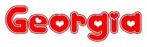 The image is a red and white graphic with the word Georgia written in a decorative script. Each letter in  is contained within its own outlined bubble-like shape. Inside each letter, there is a white heart symbol.