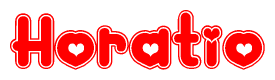 The image is a red and white graphic with the word Horatio written in a decorative script. Each letter in  is contained within its own outlined bubble-like shape. Inside each letter, there is a white heart symbol.