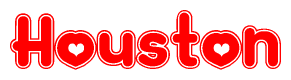 The image displays the word Houston written in a stylized red font with hearts inside the letters.