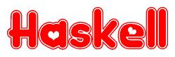 The image displays the word Haskell written in a stylized red font with hearts inside the letters.