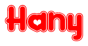 The image is a red and white graphic with the word Hany written in a decorative script. Each letter in  is contained within its own outlined bubble-like shape. Inside each letter, there is a white heart symbol.