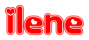 The image is a red and white graphic with the word Ilene written in a decorative script. Each letter in  is contained within its own outlined bubble-like shape. Inside each letter, there is a white heart symbol.