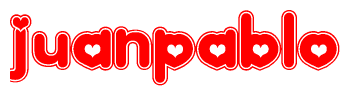 The image is a red and white graphic with the word Juanpablo written in a decorative script. Each letter in  is contained within its own outlined bubble-like shape. Inside each letter, there is a white heart symbol.