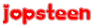The image is a red and white graphic with the word Jopsteen written in a decorative script. Each letter in  is contained within its own outlined bubble-like shape. Inside each letter, there is a white heart symbol.