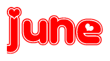 The image displays the word June written in a stylized red font with hearts inside the letters.
