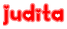 The image is a clipart featuring the word Judita written in a stylized font with a heart shape replacing inserted into the center of each letter. The color scheme of the text and hearts is red with a light outline.