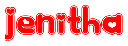 The image is a red and white graphic with the word Jenitha written in a decorative script. Each letter in  is contained within its own outlined bubble-like shape. Inside each letter, there is a white heart symbol.