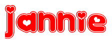 The image is a clipart featuring the word Jannie written in a stylized font with a heart shape replacing inserted into the center of each letter. The color scheme of the text and hearts is red with a light outline.
