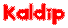 The image is a clipart featuring the word Kaldip written in a stylized font with a heart shape replacing inserted into the center of each letter. The color scheme of the text and hearts is red with a light outline.