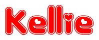 The image is a red and white graphic with the word Kellie written in a decorative script. Each letter in  is contained within its own outlined bubble-like shape. Inside each letter, there is a white heart symbol.