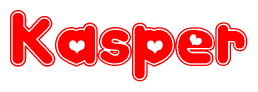 The image is a red and white graphic with the word Kasper written in a decorative script. Each letter in  is contained within its own outlined bubble-like shape. Inside each letter, there is a white heart symbol.
