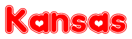 The image is a red and white graphic with the word Kansas written in a decorative script. Each letter in  is contained within its own outlined bubble-like shape. Inside each letter, there is a white heart symbol.