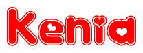 The image is a clipart featuring the word Kenia written in a stylized font with a heart shape replacing inserted into the center of each letter. The color scheme of the text and hearts is red with a light outline.