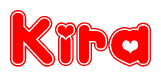The image is a red and white graphic with the word Kira written in a decorative script. Each letter in  is contained within its own outlined bubble-like shape. Inside each letter, there is a white heart symbol.