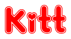 The image is a red and white graphic with the word Kitt written in a decorative script. Each letter in  is contained within its own outlined bubble-like shape. Inside each letter, there is a white heart symbol.