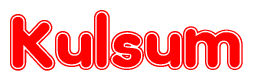 The image is a red and white graphic with the word Kulsum written in a decorative script. Each letter in  is contained within its own outlined bubble-like shape. Inside each letter, there is a white heart symbol.