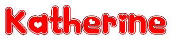 The image is a red and white graphic with the word Katherine written in a decorative script. Each letter in  is contained within its own outlined bubble-like shape. Inside each letter, there is a white heart symbol.