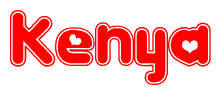 The image is a red and white graphic with the word Kenya written in a decorative script. Each letter in  is contained within its own outlined bubble-like shape. Inside each letter, there is a white heart symbol.