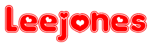 The image is a red and white graphic with the word Leejones written in a decorative script. Each letter in  is contained within its own outlined bubble-like shape. Inside each letter, there is a white heart symbol.