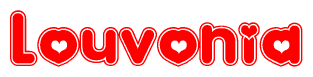 The image is a red and white graphic with the word Louvonia written in a decorative script. Each letter in  is contained within its own outlined bubble-like shape. Inside each letter, there is a white heart symbol.