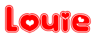 The image is a clipart featuring the word Louie written in a stylized font with a heart shape replacing inserted into the center of each letter. The color scheme of the text and hearts is red with a light outline.