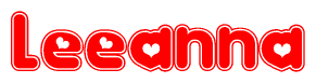The image is a clipart featuring the word Leeanna written in a stylized font with a heart shape replacing inserted into the center of each letter. The color scheme of the text and hearts is red with a light outline.