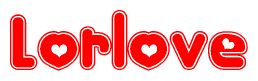 The image is a clipart featuring the word Lorlove written in a stylized font with a heart shape replacing inserted into the center of each letter. The color scheme of the text and hearts is red with a light outline.
