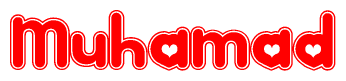 The image displays the word Muhamad written in a stylized red font with hearts inside the letters.