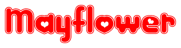 The image is a clipart featuring the word Mayflower written in a stylized font with a heart shape replacing inserted into the center of each letter. The color scheme of the text and hearts is red with a light outline.