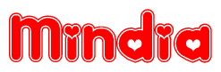 The image is a clipart featuring the word Mindia written in a stylized font with a heart shape replacing inserted into the center of each letter. The color scheme of the text and hearts is red with a light outline.