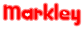 The image is a clipart featuring the word Markley written in a stylized font with a heart shape replacing inserted into the center of each letter. The color scheme of the text and hearts is red with a light outline.