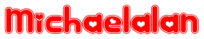 The image is a red and white graphic with the word Michaelalan written in a decorative script. Each letter in  is contained within its own outlined bubble-like shape. Inside each letter, there is a white heart symbol.
