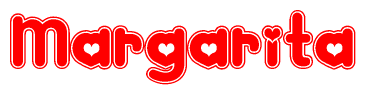 The image is a red and white graphic with the word Margarita written in a decorative script. Each letter in  is contained within its own outlined bubble-like shape. Inside each letter, there is a white heart symbol.