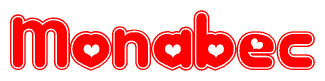 The image is a clipart featuring the word Monabec written in a stylized font with a heart shape replacing inserted into the center of each letter. The color scheme of the text and hearts is red with a light outline.