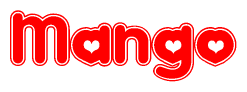 The image is a clipart featuring the word Mango written in a stylized font with a heart shape replacing inserted into the center of each letter. The color scheme of the text and hearts is red with a light outline.