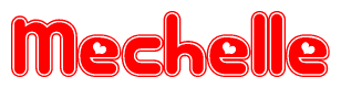 The image is a red and white graphic with the word Mechelle written in a decorative script. Each letter in  is contained within its own outlined bubble-like shape. Inside each letter, there is a white heart symbol.