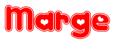 The image is a clipart featuring the word Marge written in a stylized font with a heart shape replacing inserted into the center of each letter. The color scheme of the text and hearts is red with a light outline.