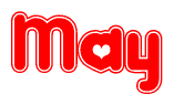 The image is a clipart featuring the word May written in a stylized font with a heart shape replacing inserted into the center of each letter. The color scheme of the text and hearts is red with a light outline.