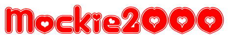 The image is a red and white graphic with the word Mockie2000 written in a decorative script. Each letter in  is contained within its own outlined bubble-like shape. Inside each letter, there is a white heart symbol.