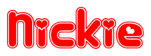 The image is a red and white graphic with the word Nickie written in a decorative script. Each letter in  is contained within its own outlined bubble-like shape. Inside each letter, there is a white heart symbol.